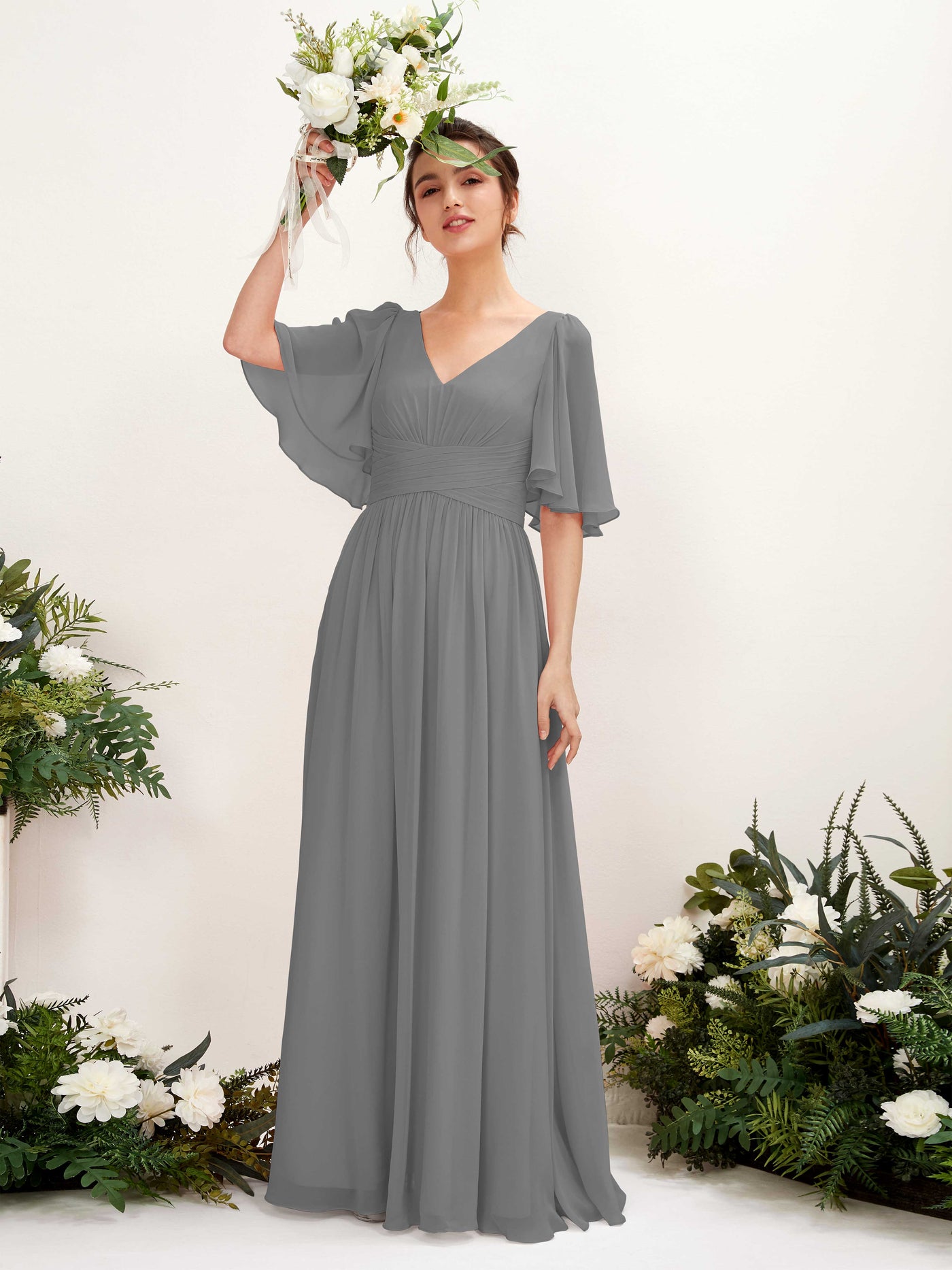 Carlyna A-Linien V-Ausschnitt Kurzarm Bodenlanges Chiffonkleid Stahlgrau #farbe_stahlgrau