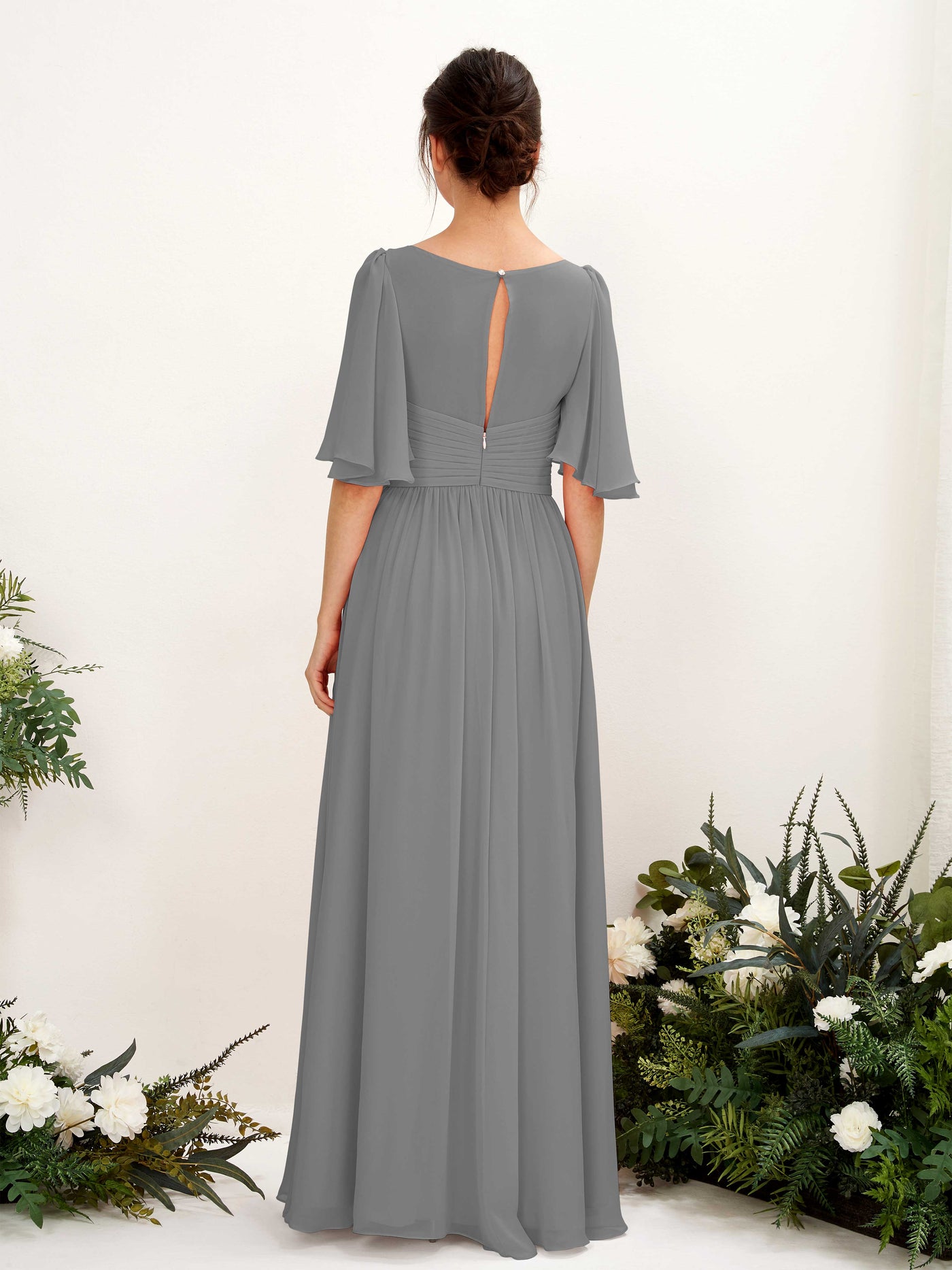 Carlyna A-Linien V-Ausschnitt Kurzarm Bodenlanges Chiffonkleid Stahlgrau #farbe_stahlgrau