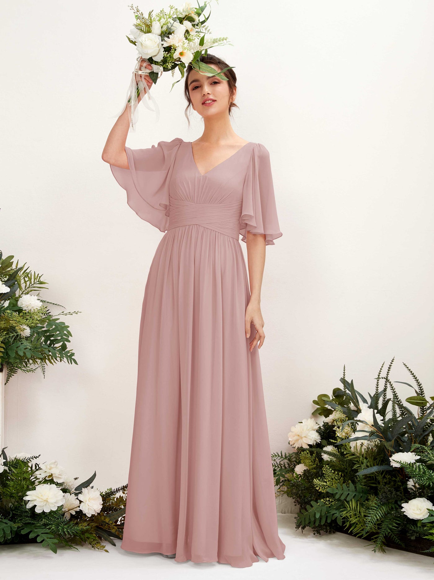 Carlyna A-Linien V-Ausschnitt Kurzarm Bodenlanges Chiffonkleid Staubige Rose #farbe_staubige-rose