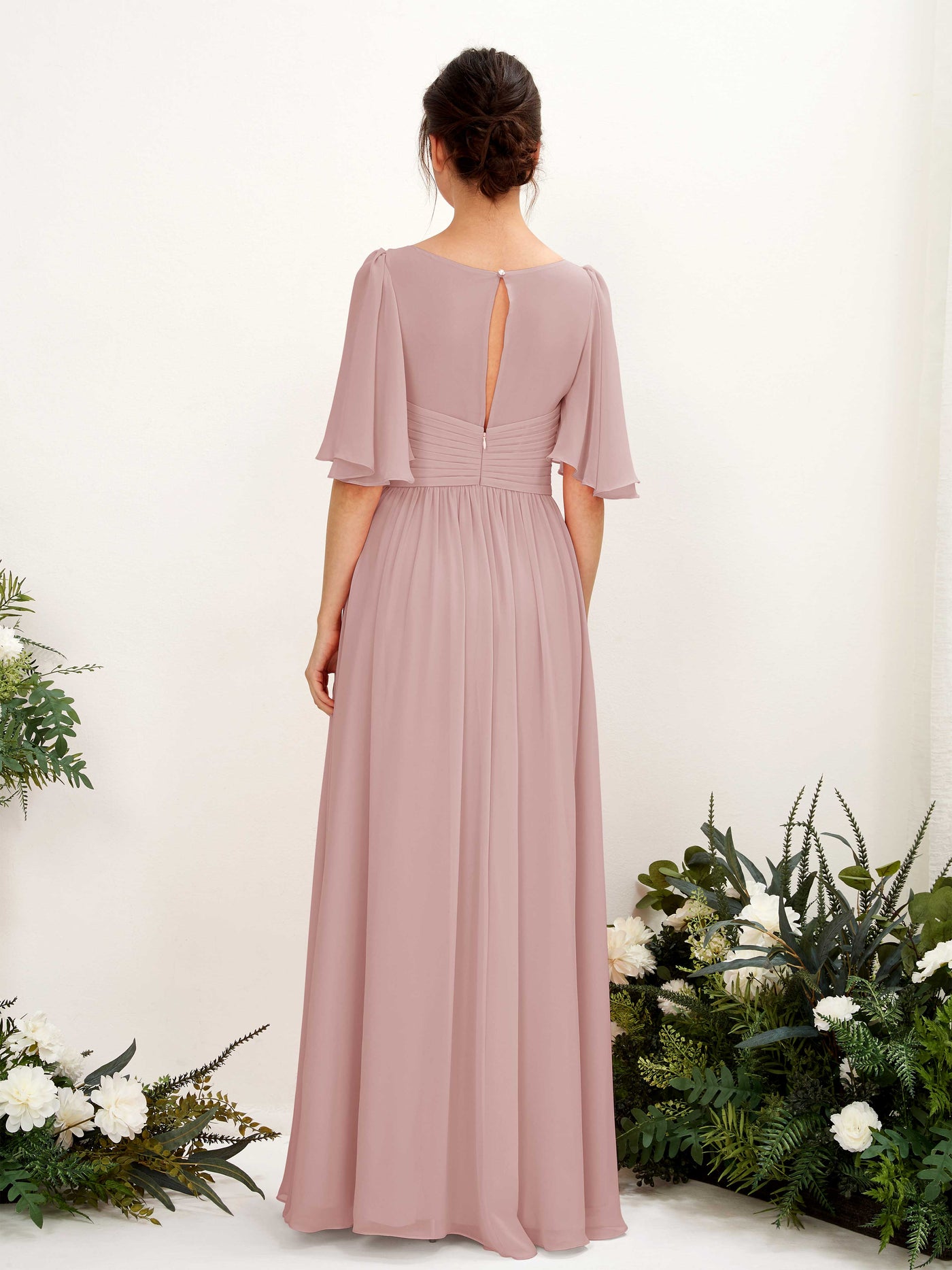 Carlyna A-Linien V-Ausschnitt Kurzarm Bodenlanges Chiffonkleid Staubige Rose #farbe_staubige-rose