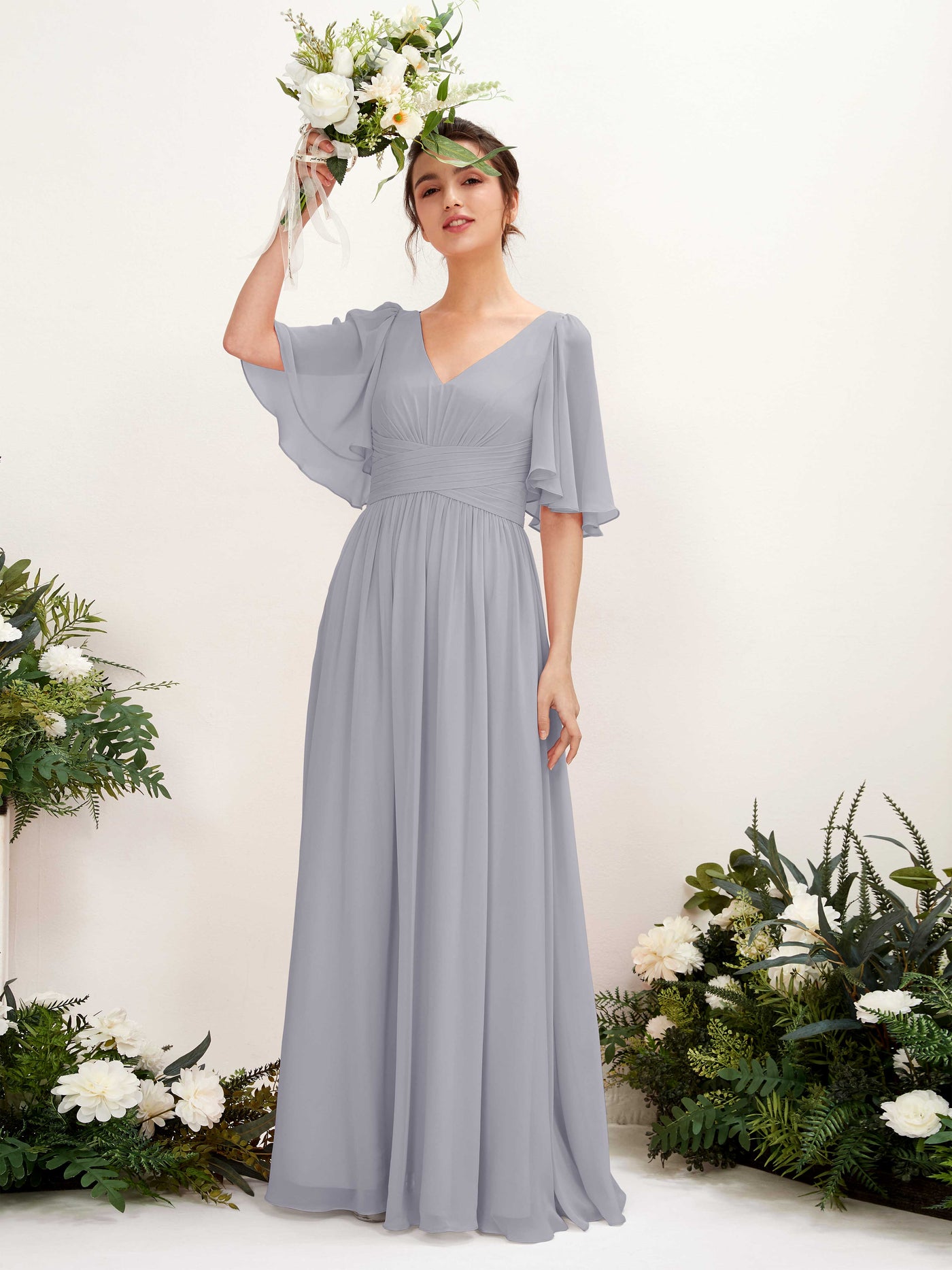 Carlyna A-Linien V-Ausschnitt Kurzarm Bodenlanges Chiffonkleid Staubiger Lavendel #farbe_staubiger-lavendel