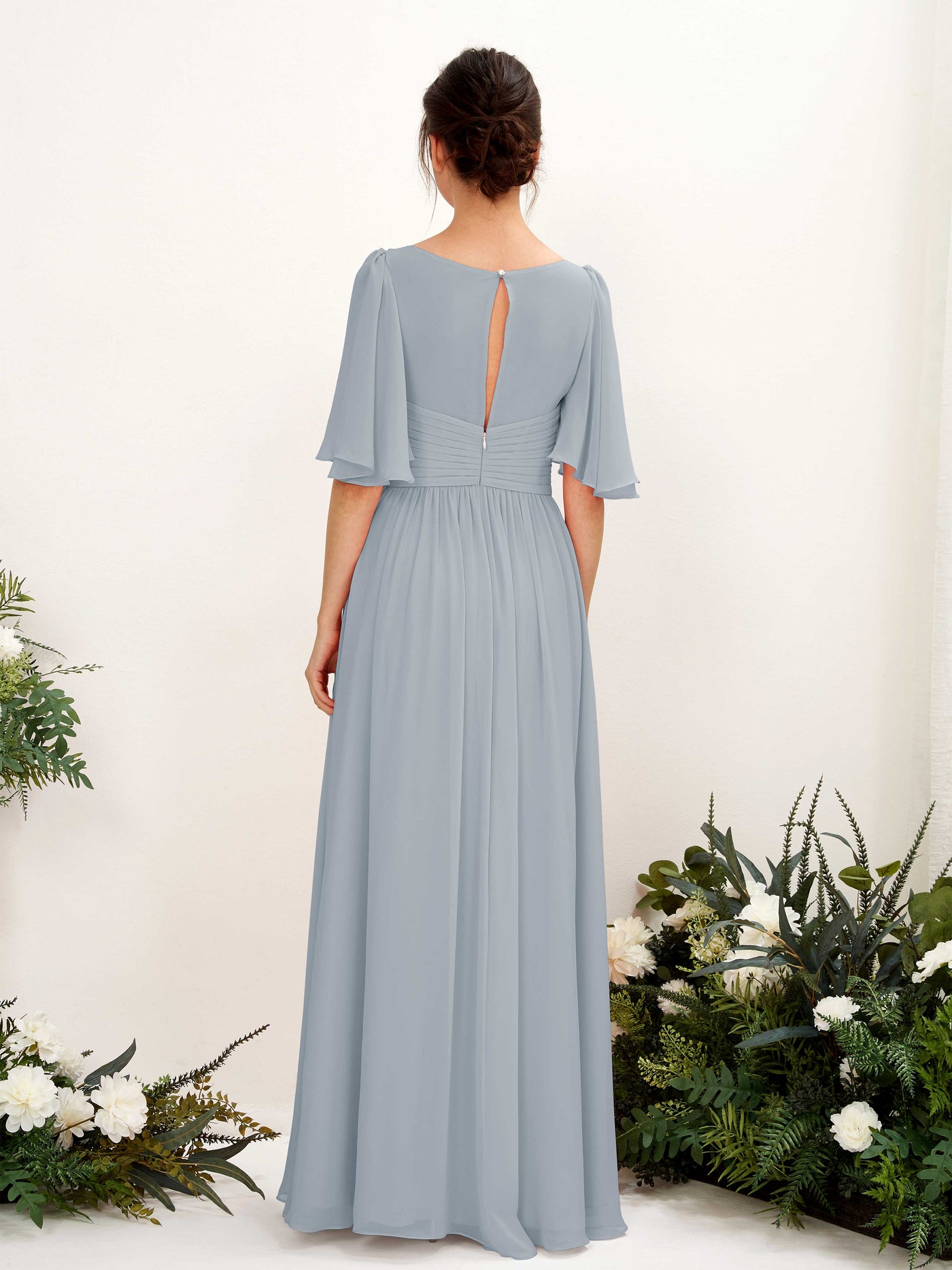 Carlyna A-Linien V-Ausschnitt Kurzarm Bodenlanges Chiffonkleid Staubiges Blau-Upgrade #farbe_staubiges-blau-upgrade