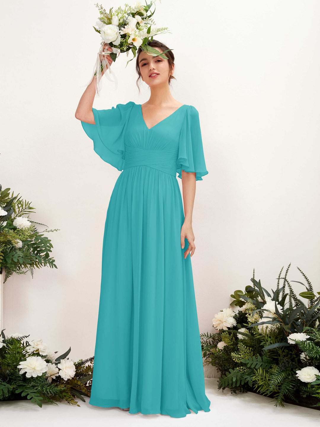 Carlyna A-Linien V-Ausschnitt Kurzarm Bodenlanges Chiffonkleid Türkis 