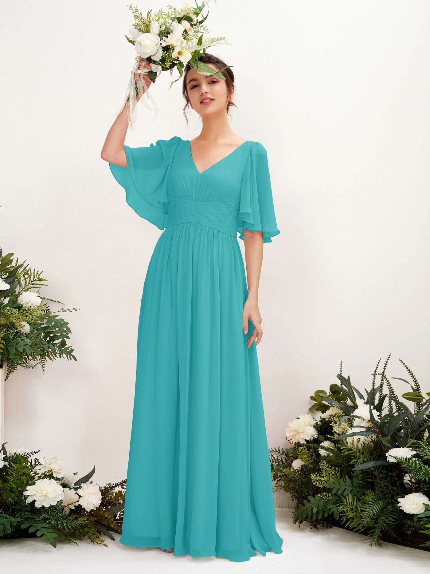 Carlyna A-Linien V-Ausschnitt Kurzarm Bodenlanges Chiffonkleid Türkis #farbe_t-rkis