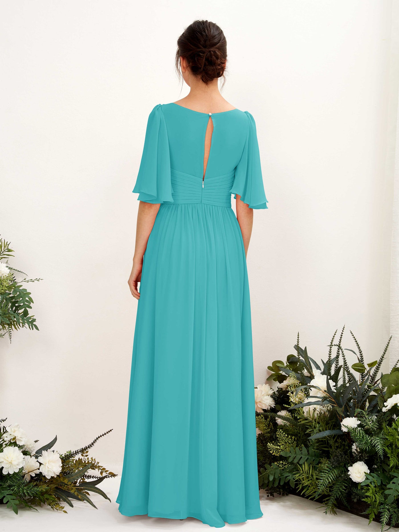 Carlyna A-Linien V-Ausschnitt Kurzarm Bodenlanges Chiffonkleid Türkis #farbe_t-rkis