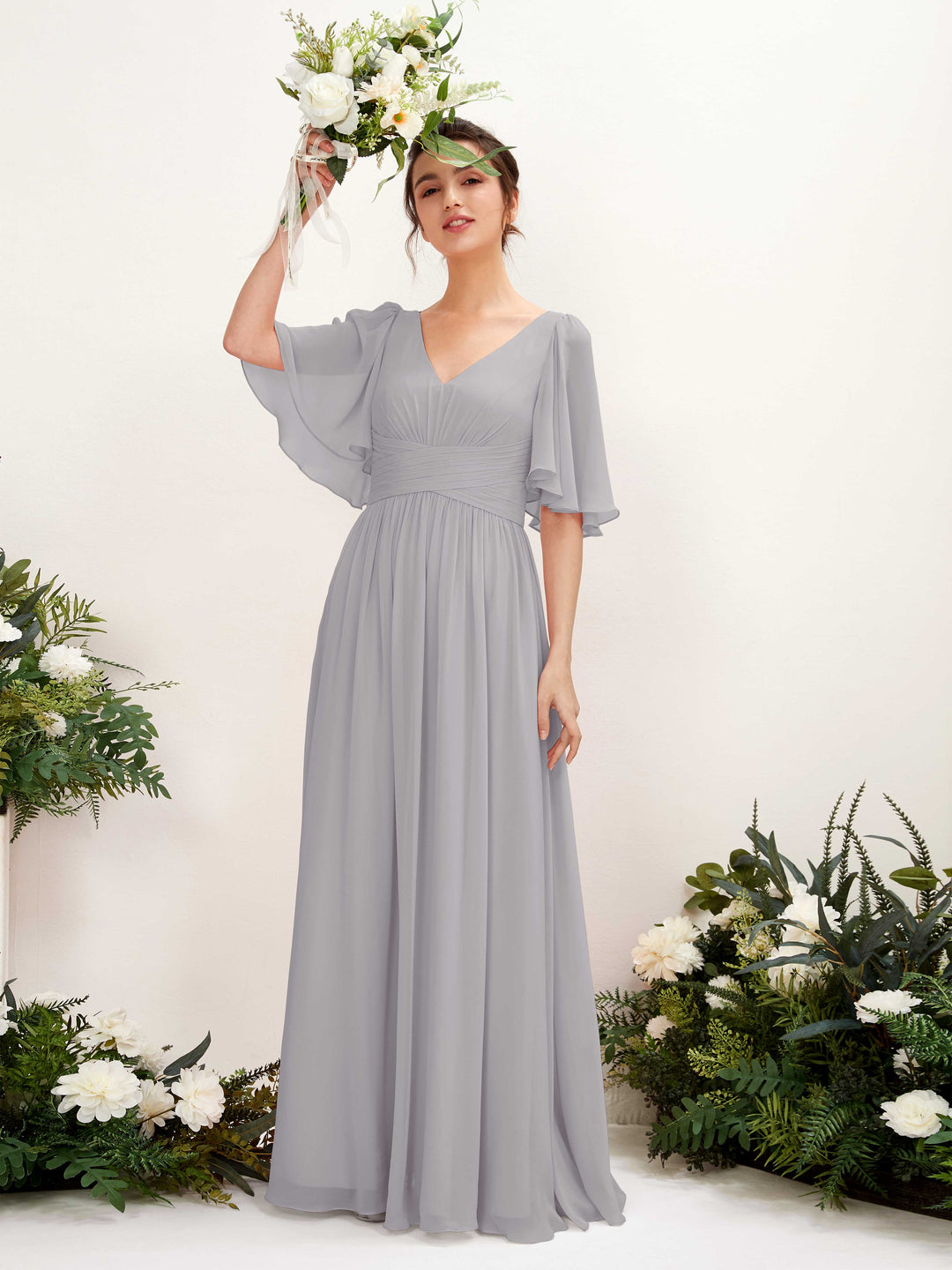 Carlyna A-Linien V-Ausschnitt Kurzarm Bodenlanges Chiffonkleid Taube 