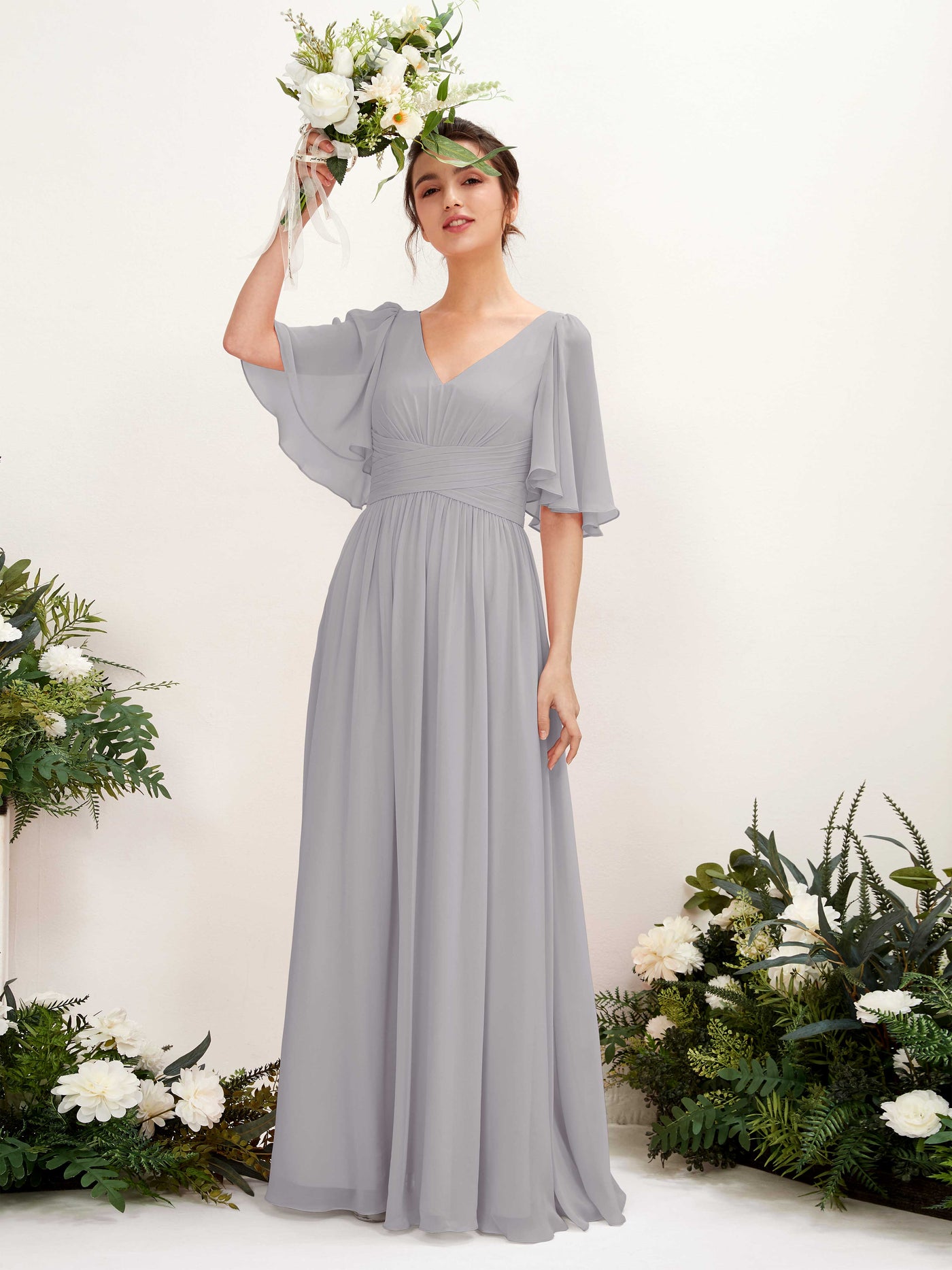 Carlyna A-Linien V-Ausschnitt Kurzarm Bodenlanges Chiffonkleid Taube #farbe_taube