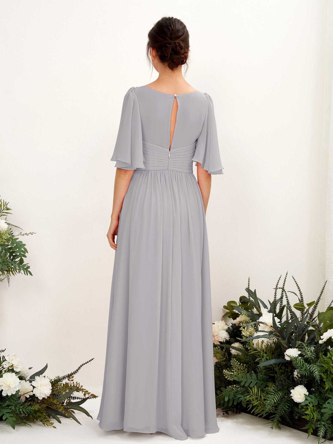 Carlyna A-Linien V-Ausschnitt Kurzarm Bodenlanges Chiffonkleid Taube #farbe_taube