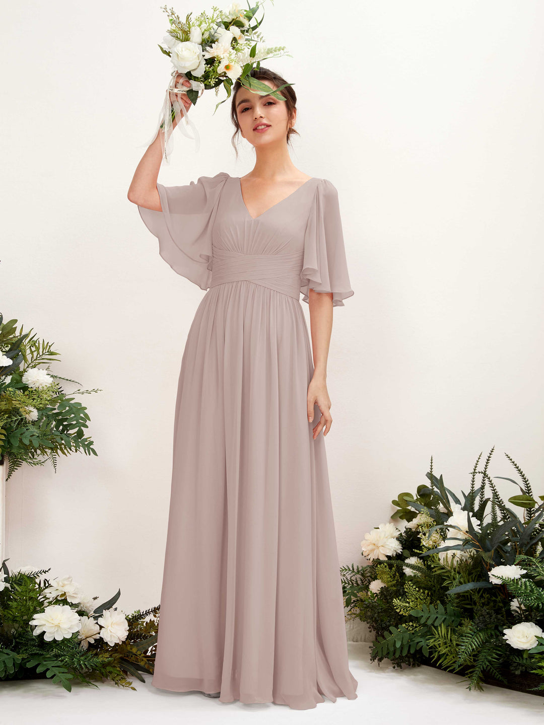 Carlyna A-Linien V-Ausschnitt Kurzarm Bodenlanges Chiffonkleid Taupe 