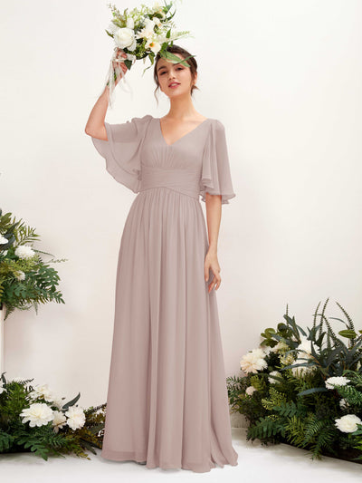 Carlyna A-Linien V-Ausschnitt Kurzarm Bodenlanges Chiffonkleid Taupe #farbe_taupe