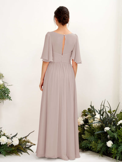 Carlyna A-Linien V-Ausschnitt Kurzarm Bodenlanges Chiffonkleid Taupe #farbe_taupe