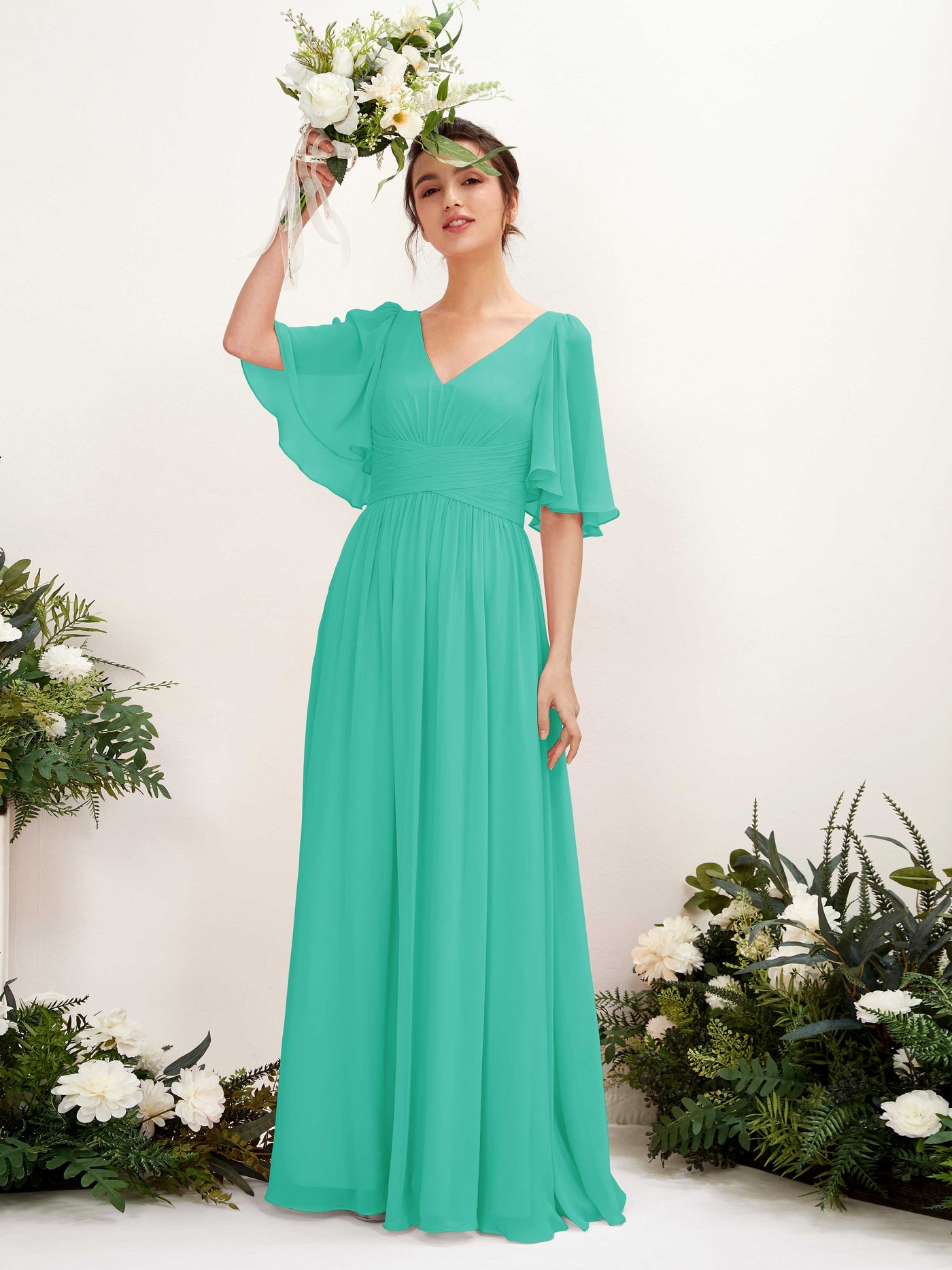 Carlyna A-Linien V-Ausschnitt Kurzarm Bodenlanges Chiffonkleid Tiffany-Blau #farbe_tiffany-blau