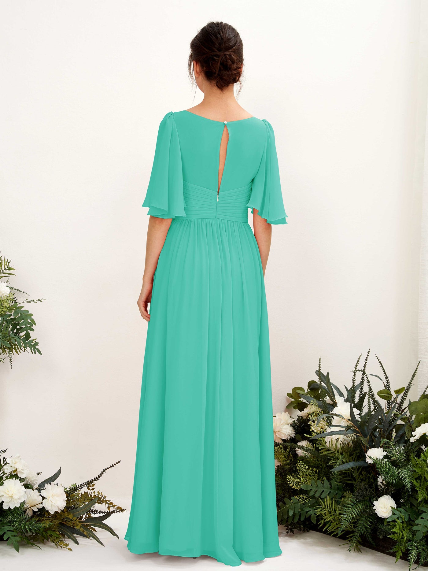 Carlyna A-Linien V-Ausschnitt Kurzarm Bodenlanges Chiffonkleid Tiffany-Blau #farbe_tiffany-blau