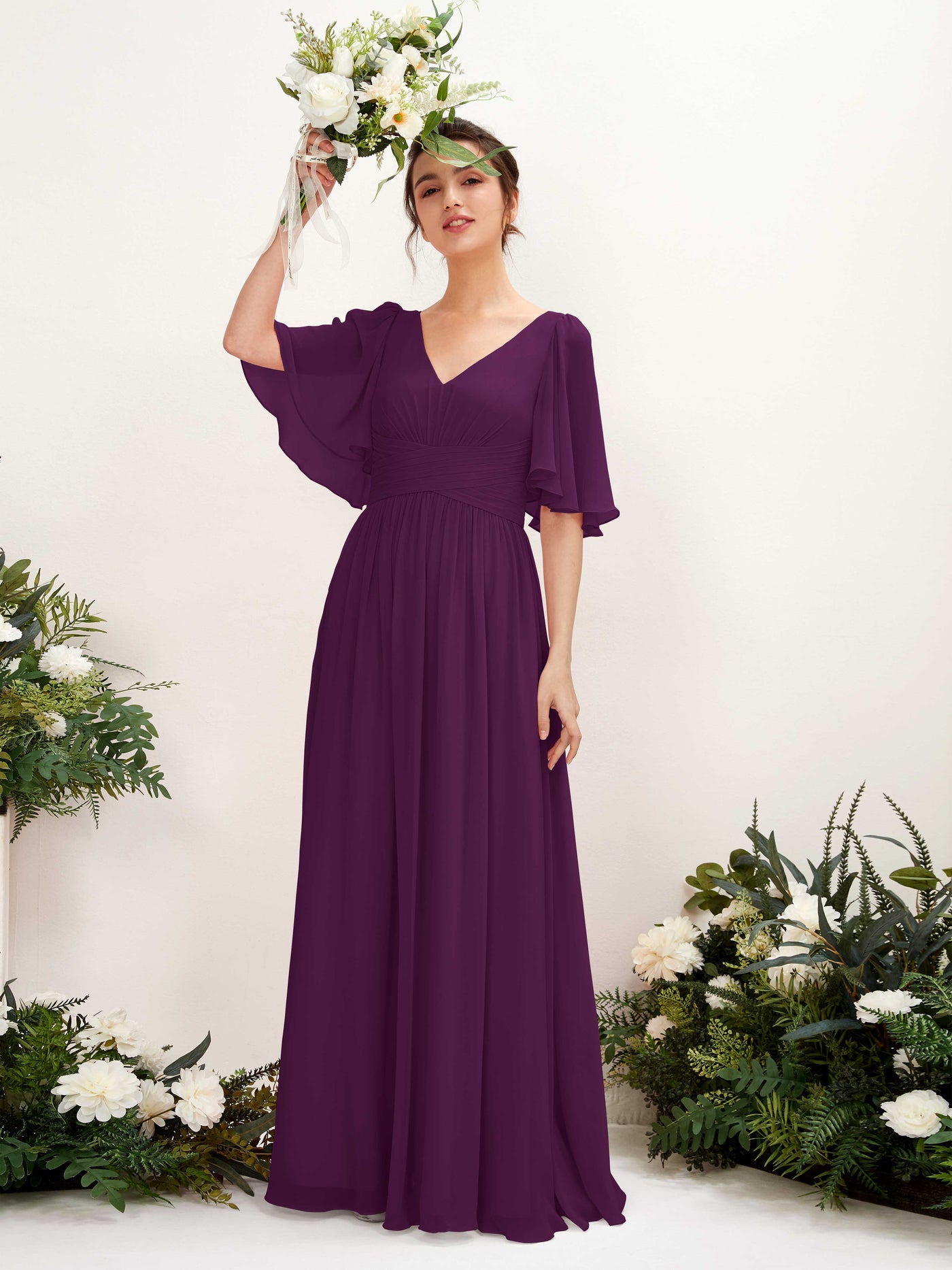 Carlyna A-Linien V-Ausschnitt Kurzarm Bodenlanges Chiffonkleid Traube #farbe_traube