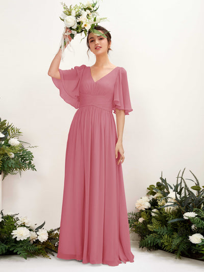 Carlyna A-Linien V-Ausschnitt Kurzarm Bodenlanges Chiffonkleid Wüstenrose #farbe_w-stenrose