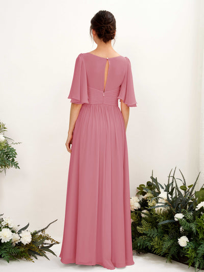 Carlyna A-Linien V-Ausschnitt Kurzarm Bodenlanges Chiffonkleid Wüstenrose #farbe_w-stenrose