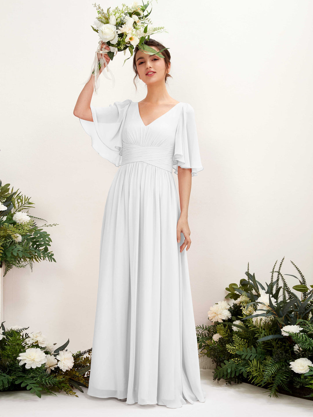 Carlyna A-Linien V-Ausschnitt Kurzarm Bodenlanges Chiffonkleid Weiß 