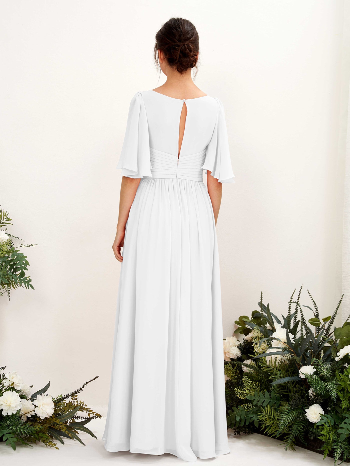 Carlyna A-Linien V-Ausschnitt Kurzarm Bodenlanges Chiffonkleid Weiß #farbe_wei