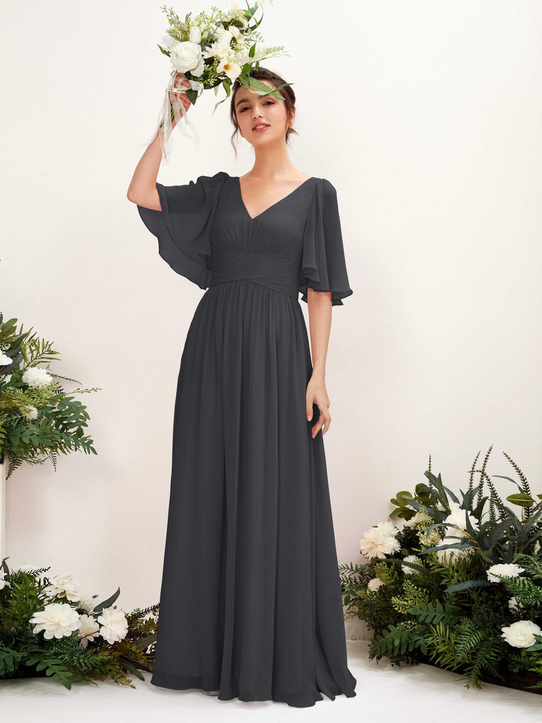 Carlyna A-Linien V-Ausschnitt Kurzarm Bodenlanges Chiffonkleid Zinnfarben 