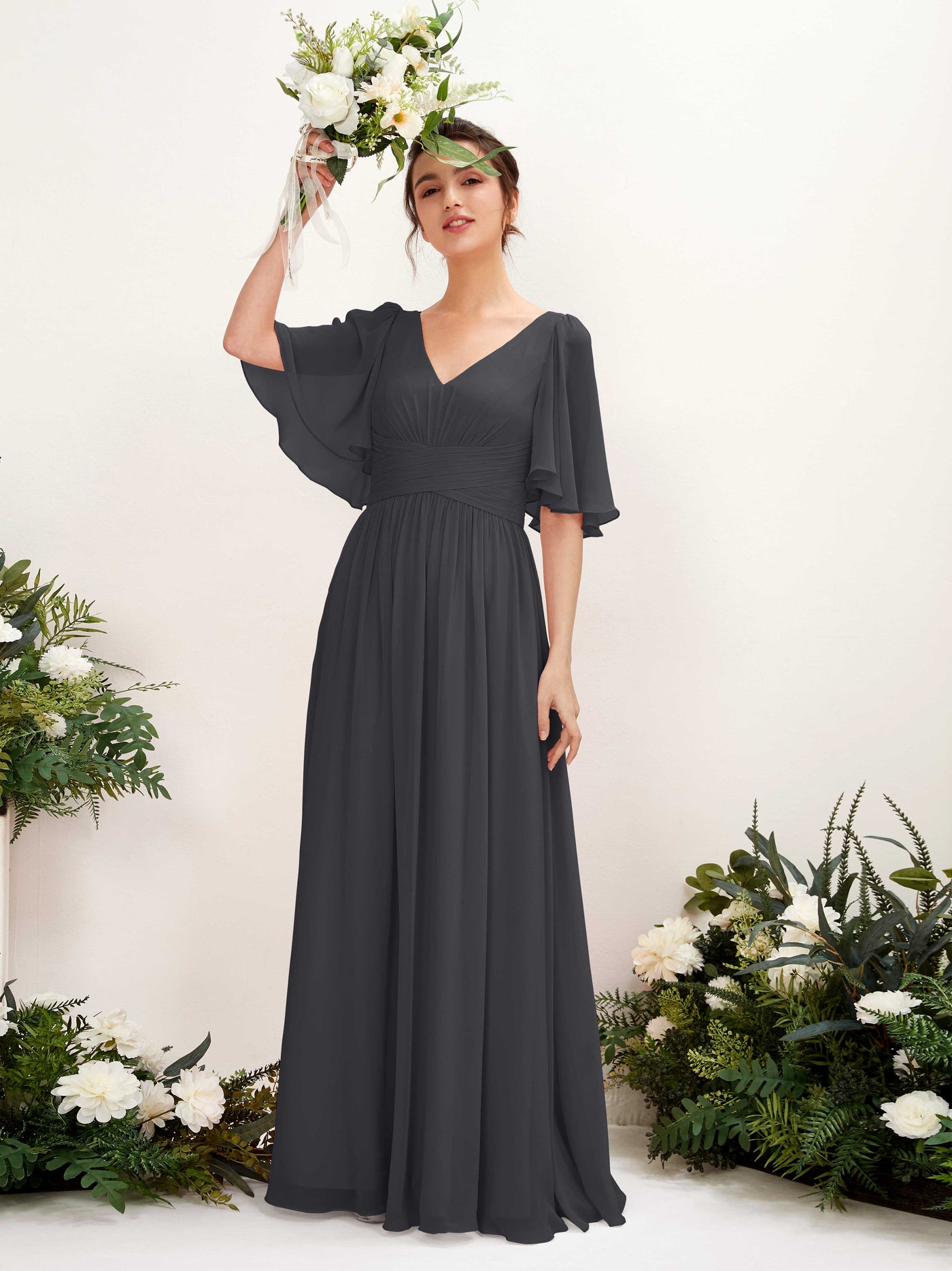 Carlyna A-Linien V-Ausschnitt Kurzarm Bodenlanges Chiffonkleid Zinnfarben #farbe_zinnfarben