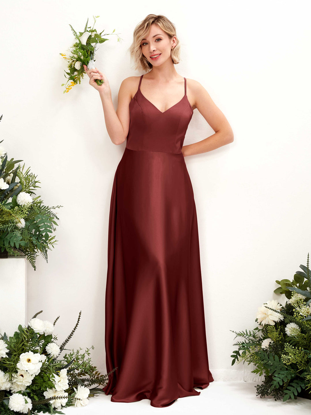 Carlyna A-Linienkleid V-Ausschnitt Bodenlang Brautjungfernkleid Burgunderrot 