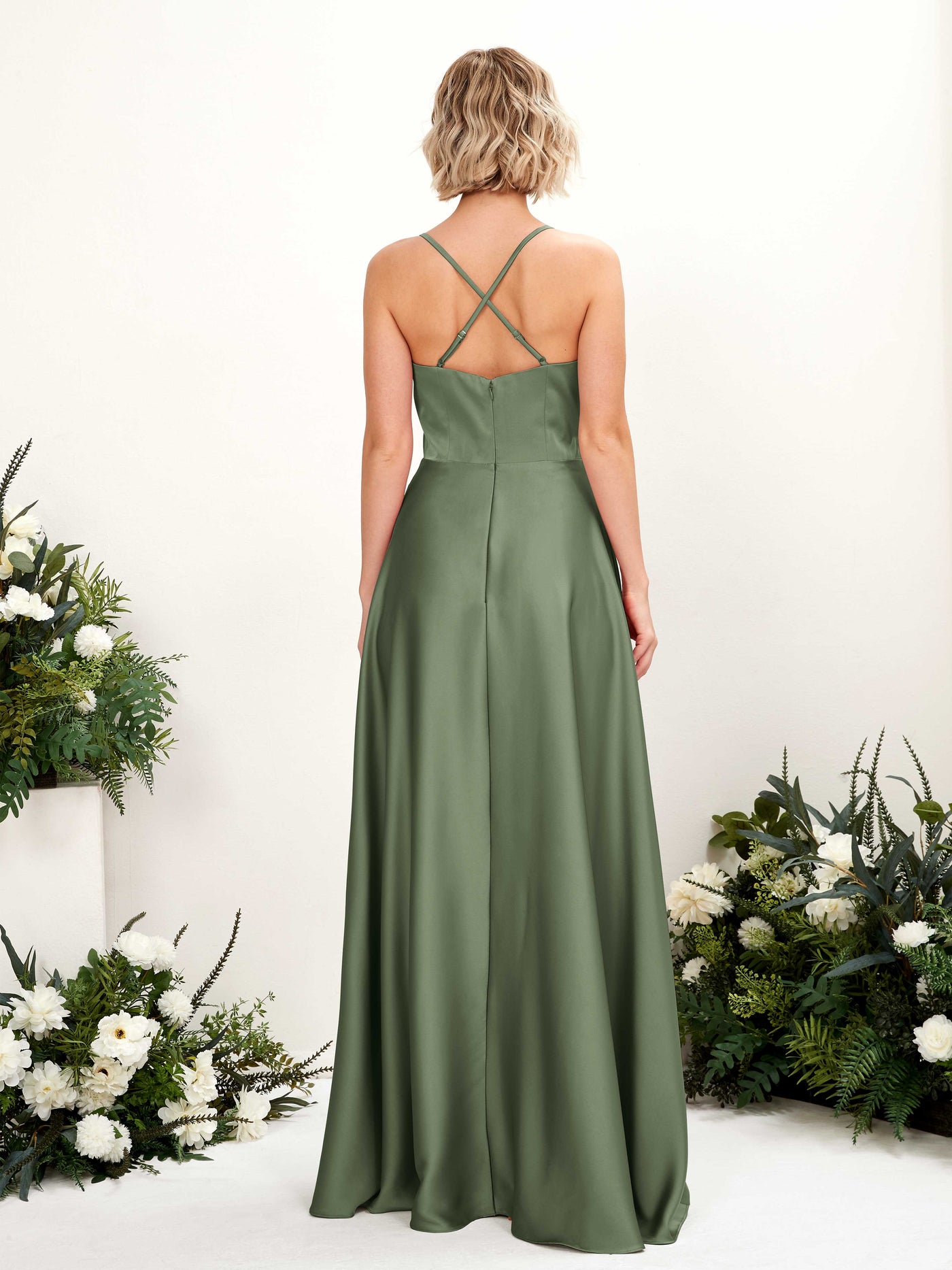 Carlyna A-Linienkleid V-Ausschnitt Bodenlang Brautjungfernkleid Olivgrün #farbe_olivgr-n