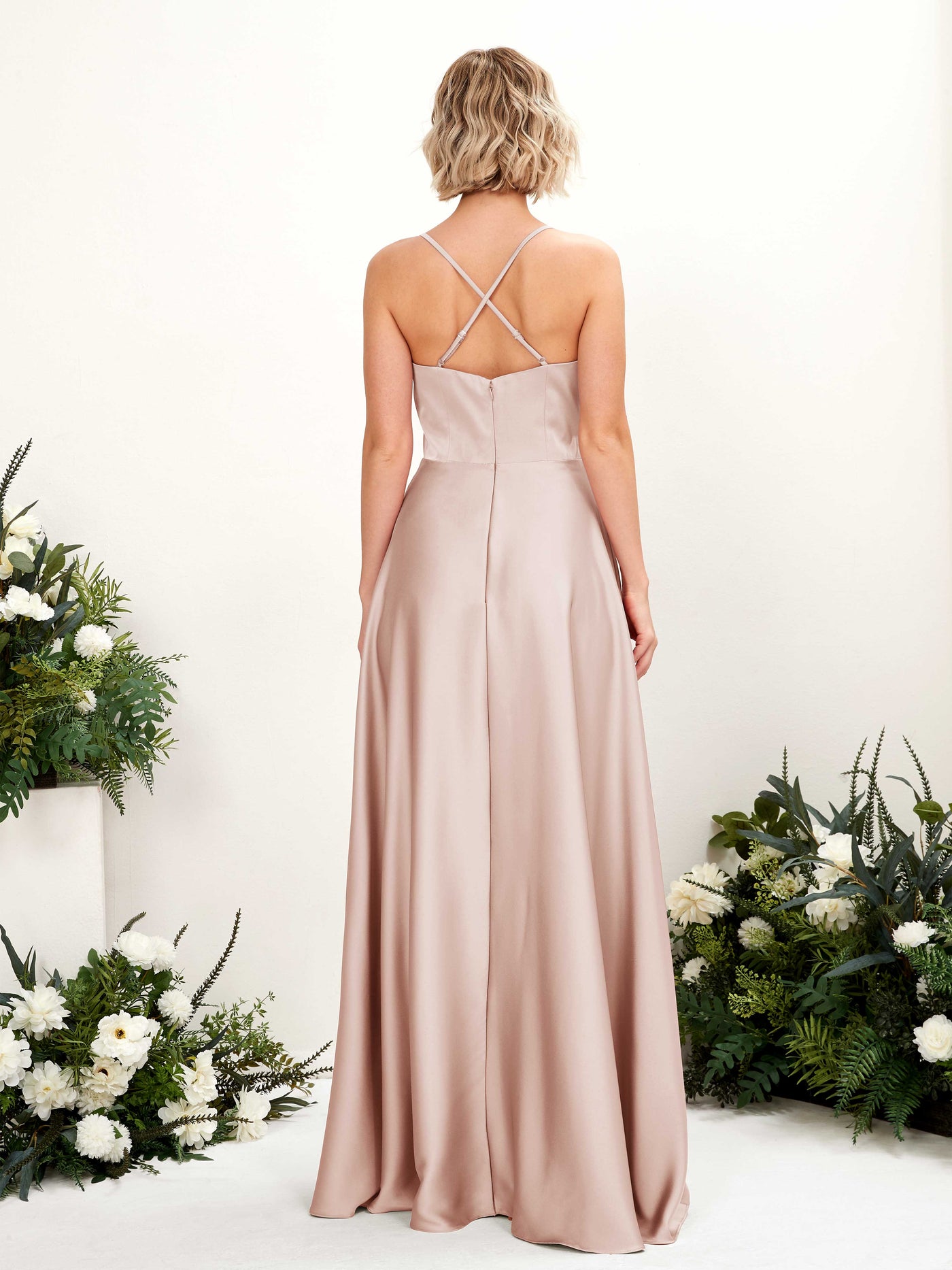 Carlyna A-Linienkleid V-Ausschnitt Bodenlang Brautjungfernkleid Perlrosa #farbe_perlrosa