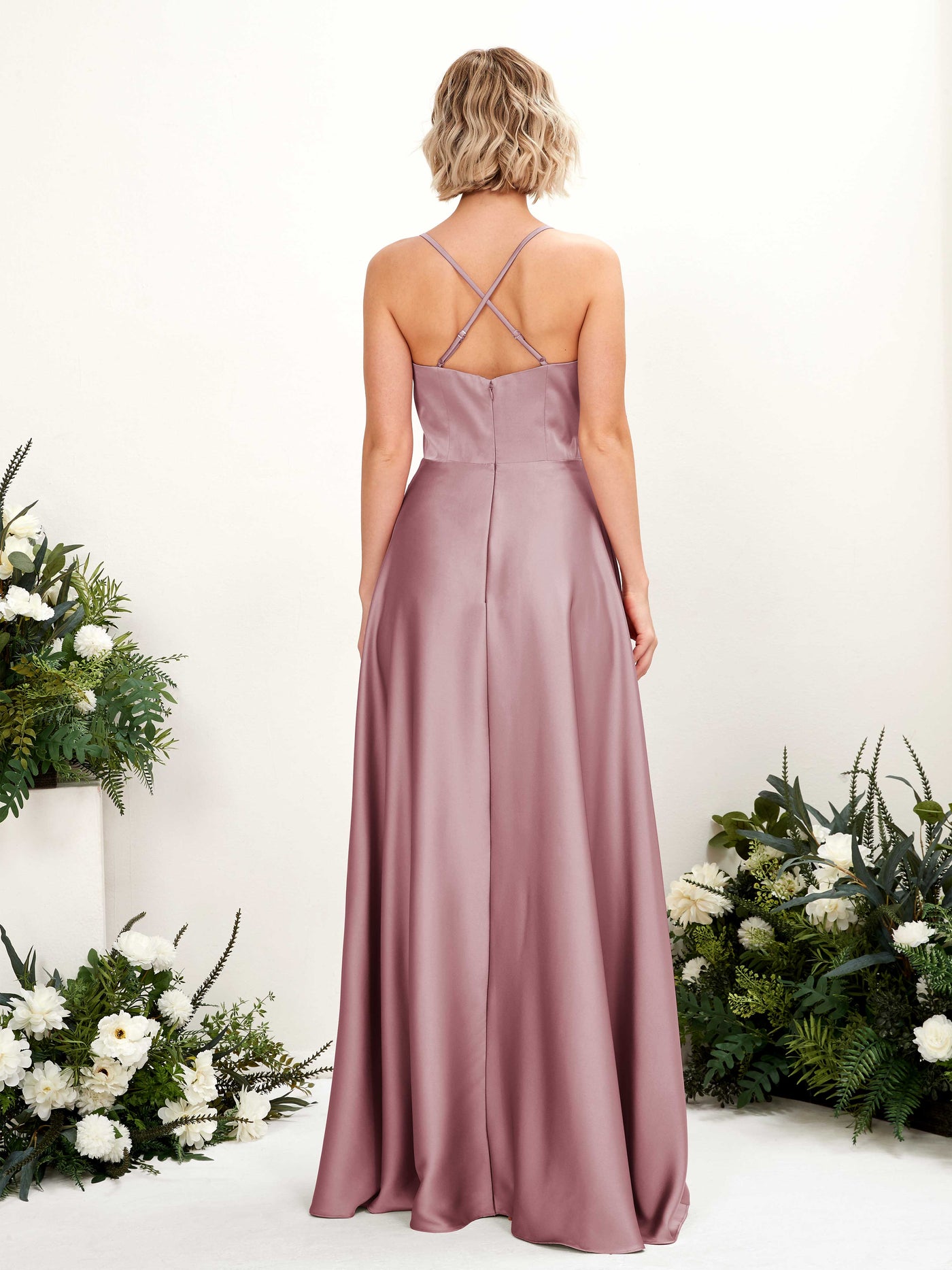 Carlyna A-Linienkleid V-Ausschnitt Bodenlang Brautjungfernkleid Rosenquarz #farbe_rosenquarz