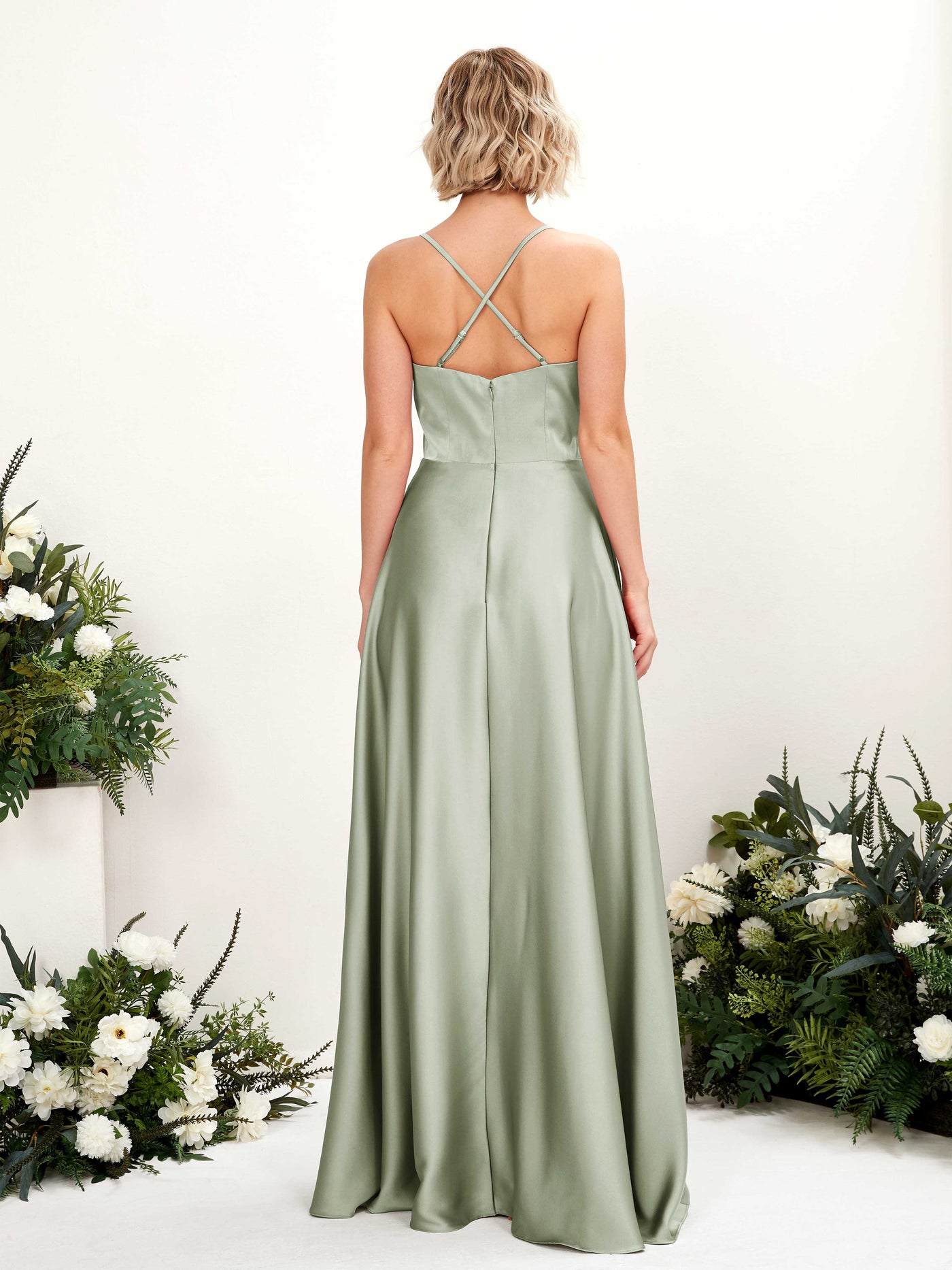 Carlyna A-Linienkleid V-Ausschnitt Bodenlang Brautjungfernkleid Salbeigrün #farbe_salbeigr-n