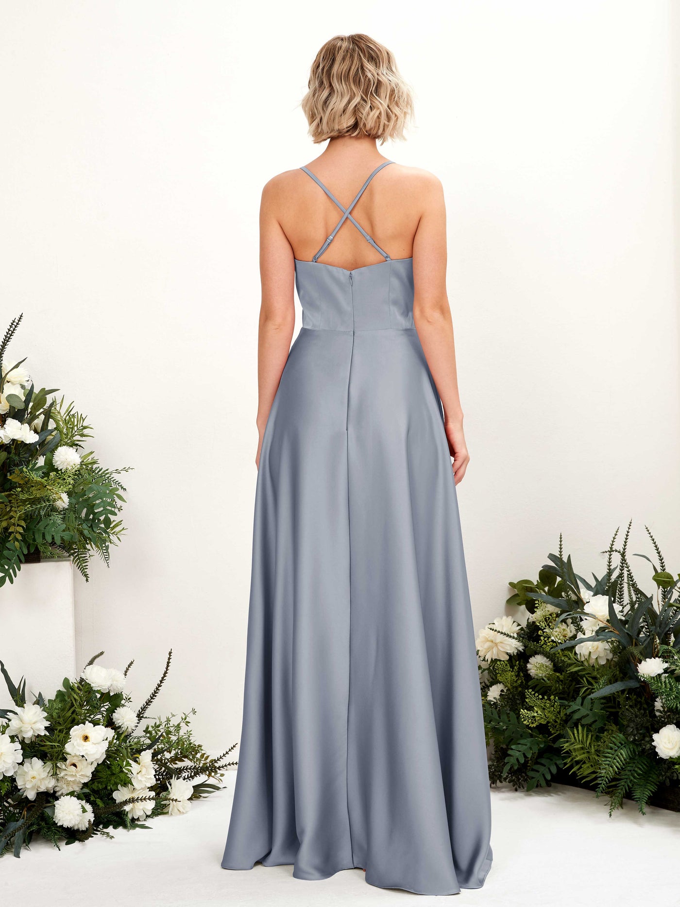Carlyna A-Linienkleid V-Ausschnitt Bodenlang Brautjungfernkleid Staubiges Blau #farbe_staubiges-blau