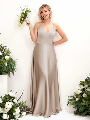 Carlyna A-Linienkleid V-Ausschnitt Bodenlang Brautjungfernkleid Taupe #farbe_taupe