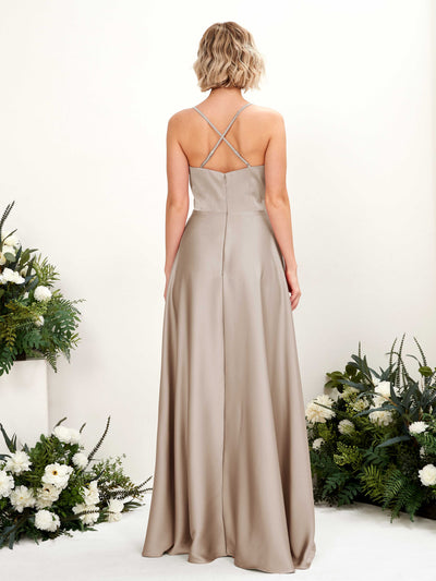Carlyna A-Linienkleid V-Ausschnitt Bodenlang Brautjungfernkleid Taupe #farbe_taupe