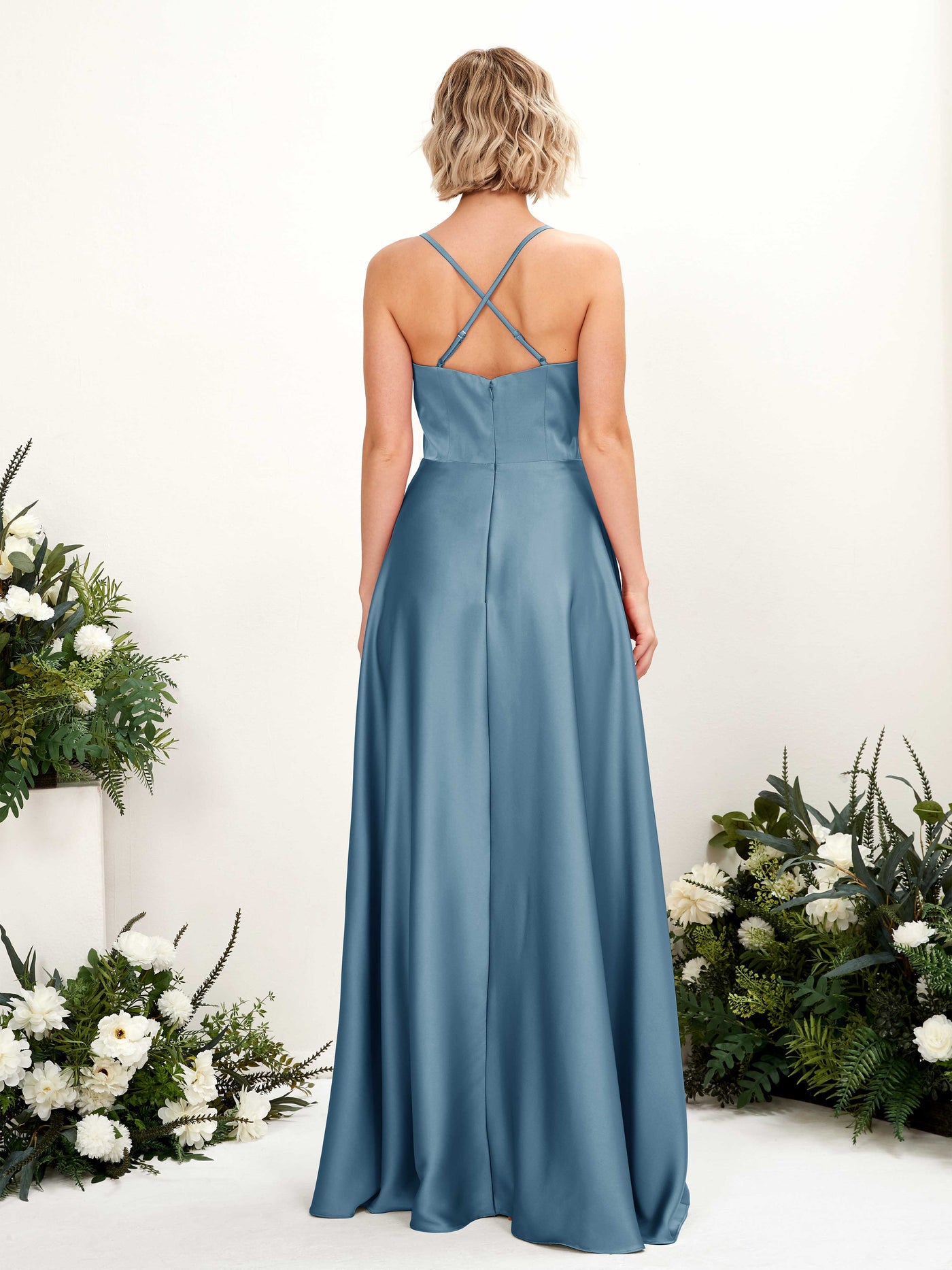 Carlyna A-Linienkleid V-Ausschnitt Bodenlang Brautjungfernkleid Tinte Blau #farbe_tinte-blau