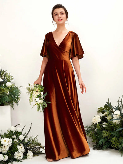 Carlyna Bodenlanges Wickelkleid Flatterärmel Samt Brautjungfernkleid Burant-Orange #farbe_burant-orange