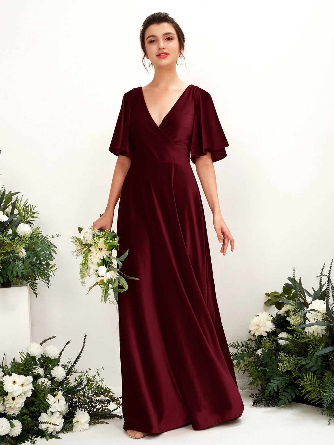Carlyna Bodenlanges Wickelkleid Flatterärmel Samt Brautjungfernkleid Burgunderrot 