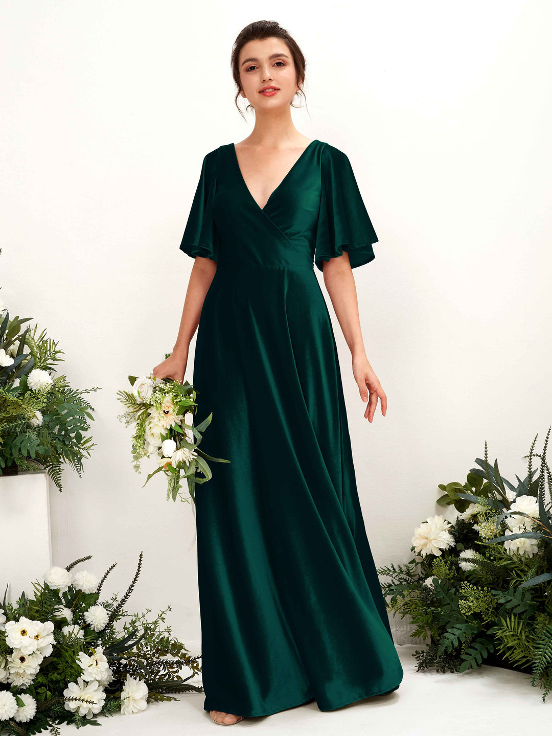 Carlyna Bodenlanges Wickelkleid Flatterärmel Samt Brautjungfernkleid Jägergrün 