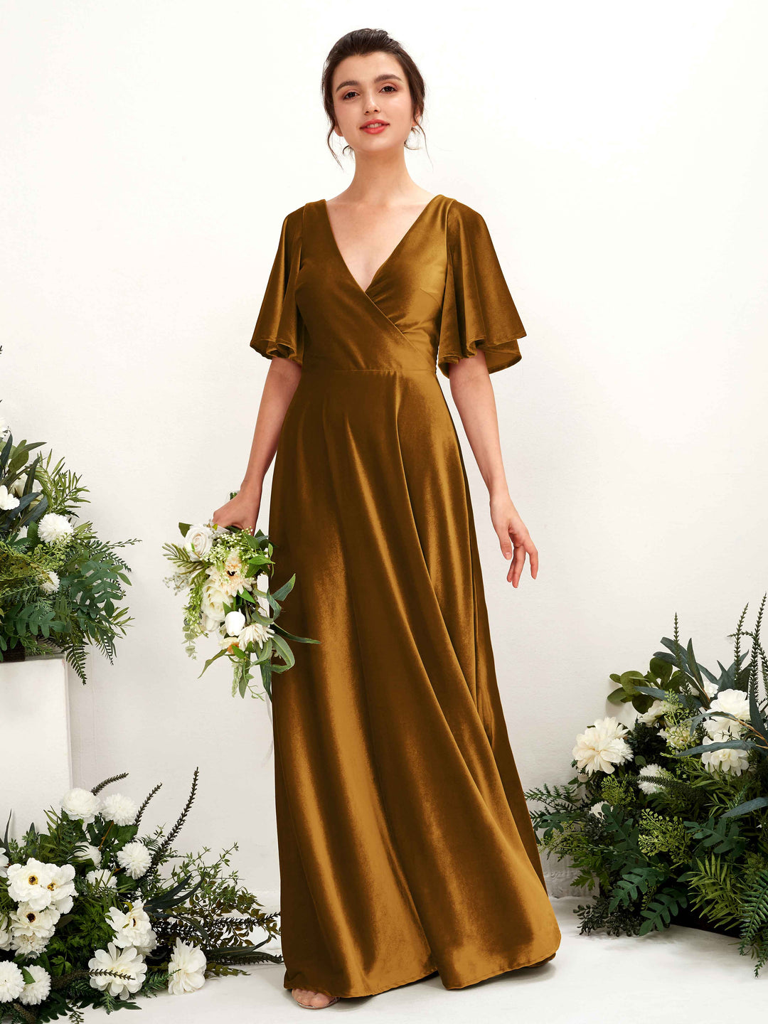 Carlyna Bodenlanges Wickelkleid Flatterärmel Samt Brautjungfernkleid Poliertes Gold 