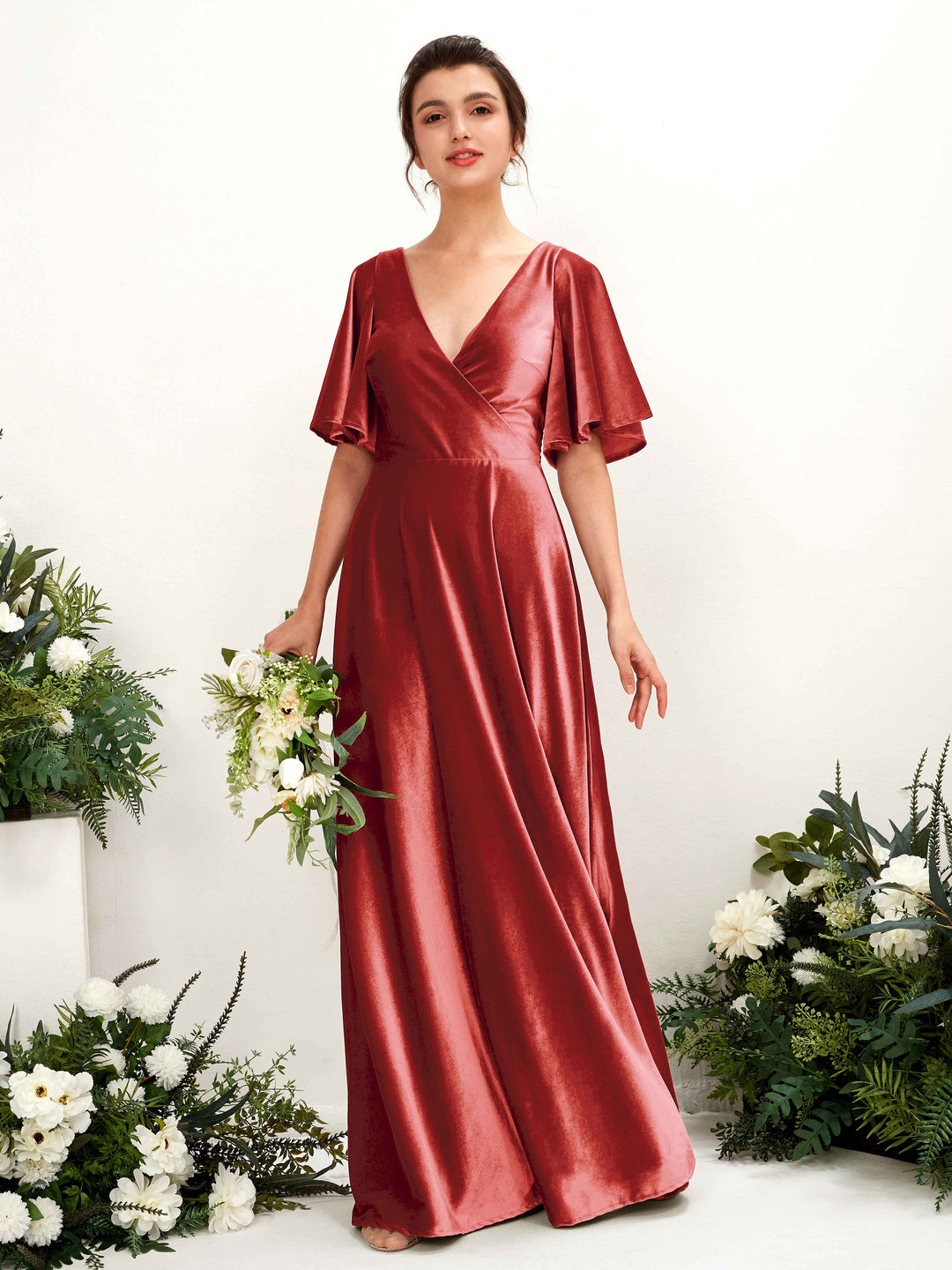 Carlyna Bodenlanges Wickelkleid Flatterärmel Samt Brautjungfernkleid Staubige Rose 