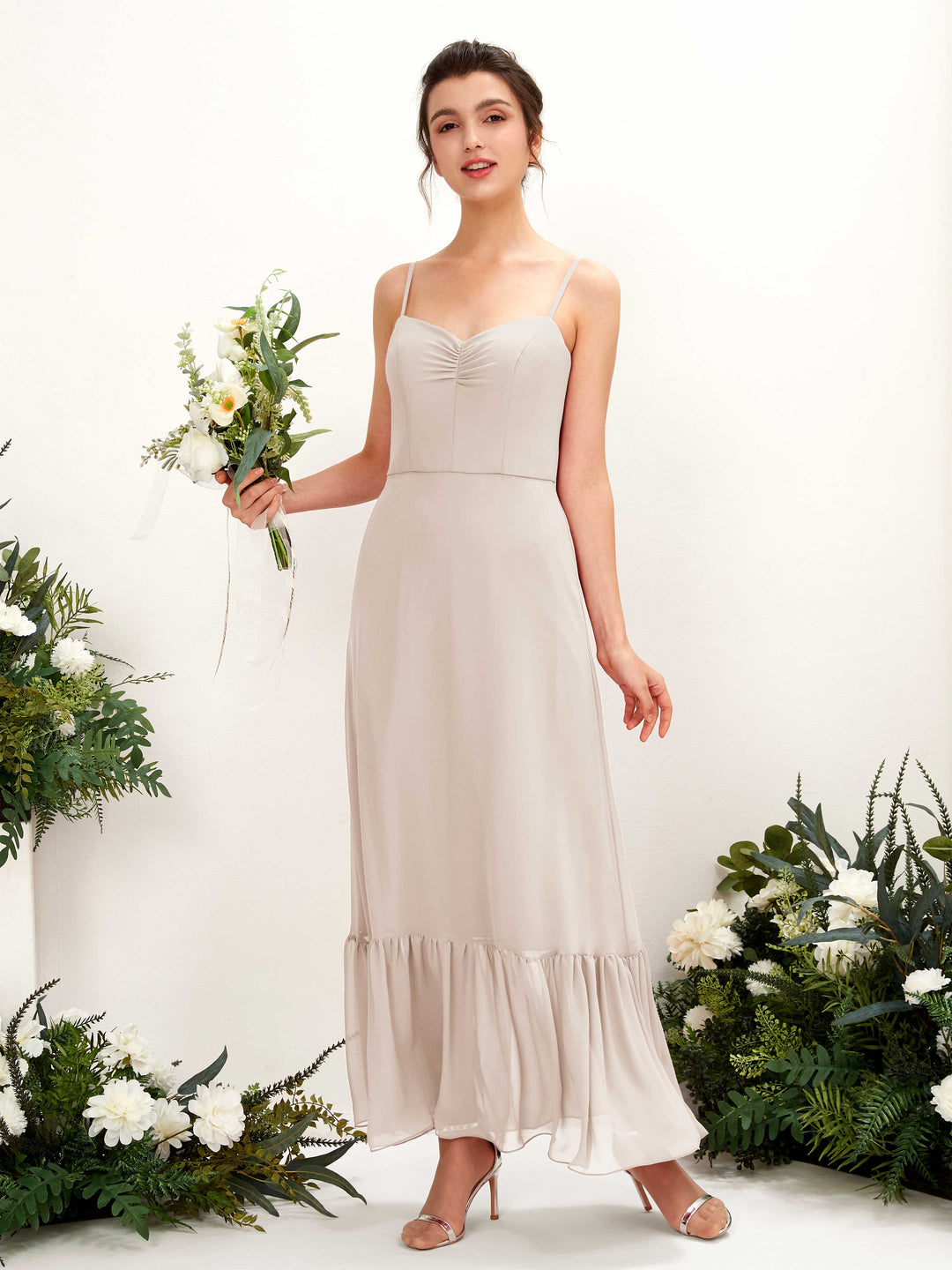 Carlyna Empire-Linie Spaghettiträger Bodenlanges Brautjungfernkleid Champagner 