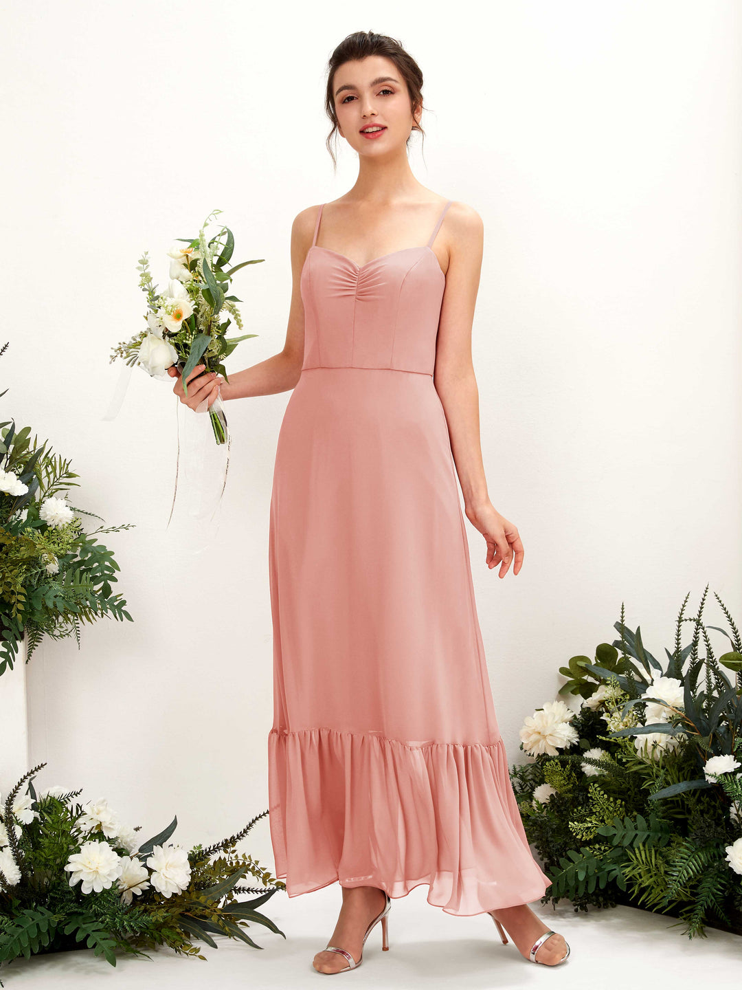 Carlyna Empire-Linie Spaghettiträger Bodenlanges Brautjungfernkleid Champagner-Rose 