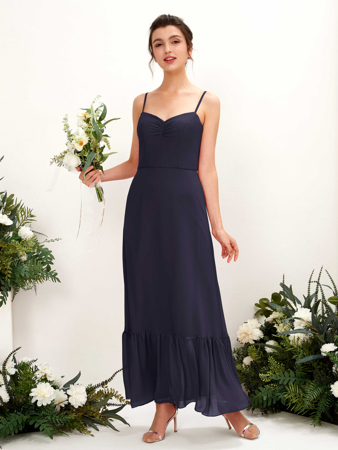 Carlyna Empire-Linie Spaghettiträger Bodenlanges Brautjungfernkleid Dunkel Marineblau 