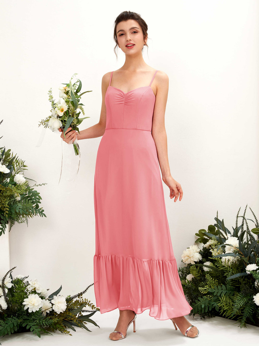 Carlyna Empire-Linie Spaghettiträger Bodenlanges Brautjungfernkleid Korallenrosa 