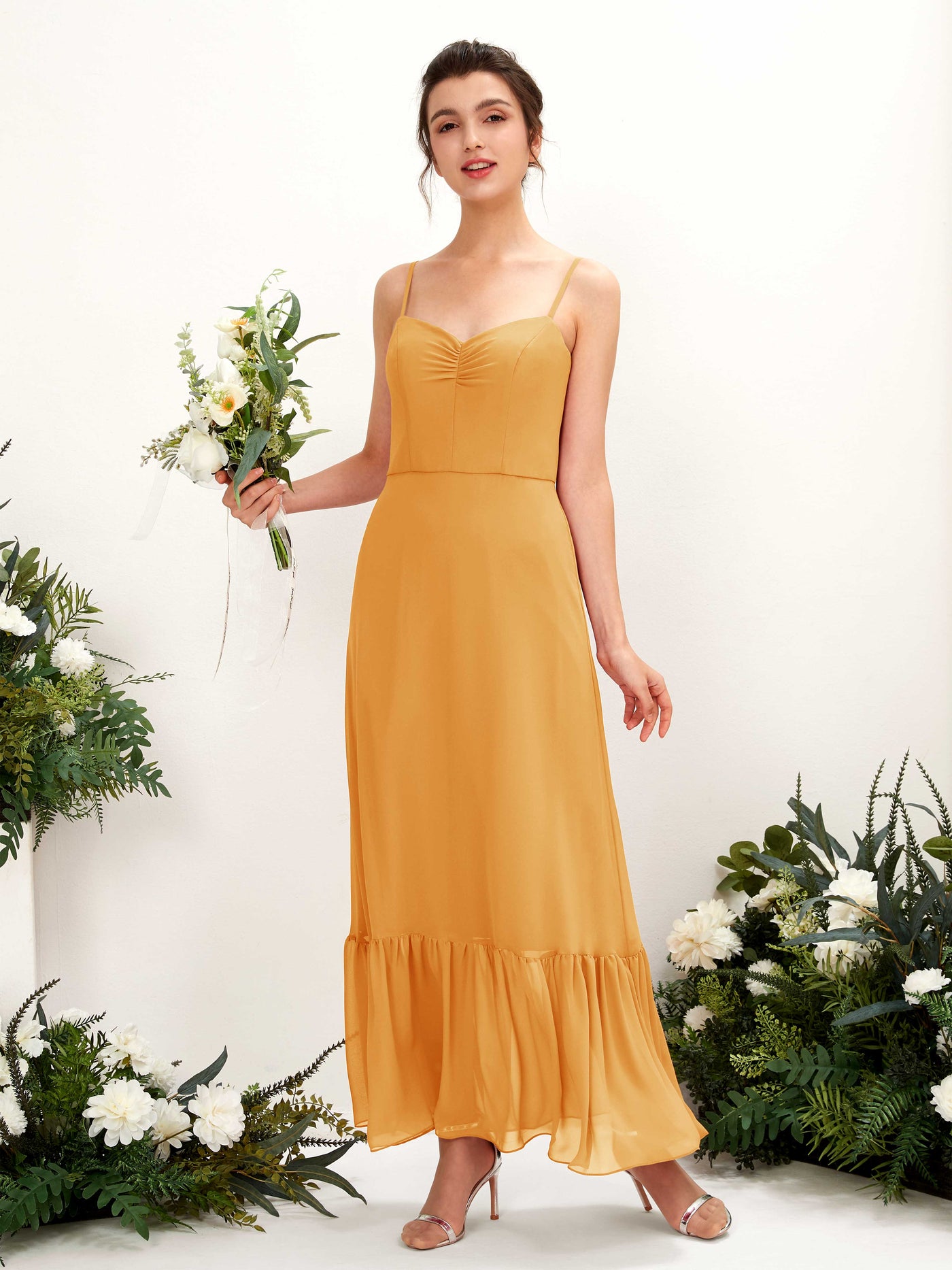 Carlyna Empire-Linie Spaghettiträger Bodenlanges Brautjungfernkleid Mango #farbe_mango