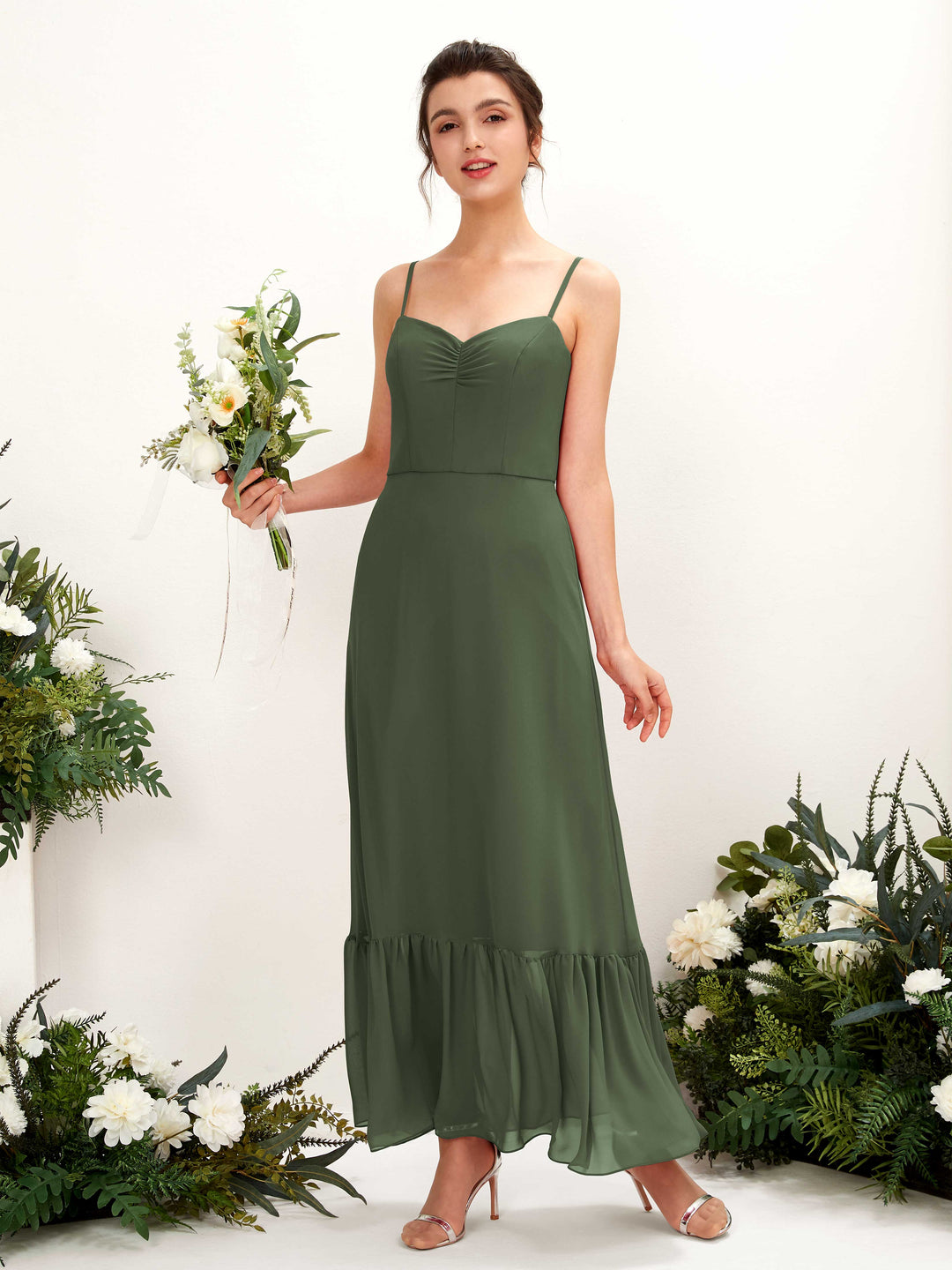 Carlyna Empire-Linie Spaghettiträger Bodenlanges Brautjungfernkleid Martini-Olive 