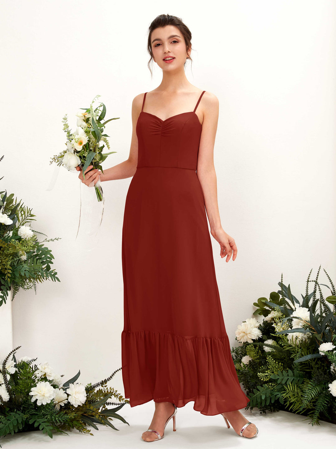 Carlyna Empire-Linie Spaghettiträger Bodenlanges Brautjungfernkleid Rostrot 