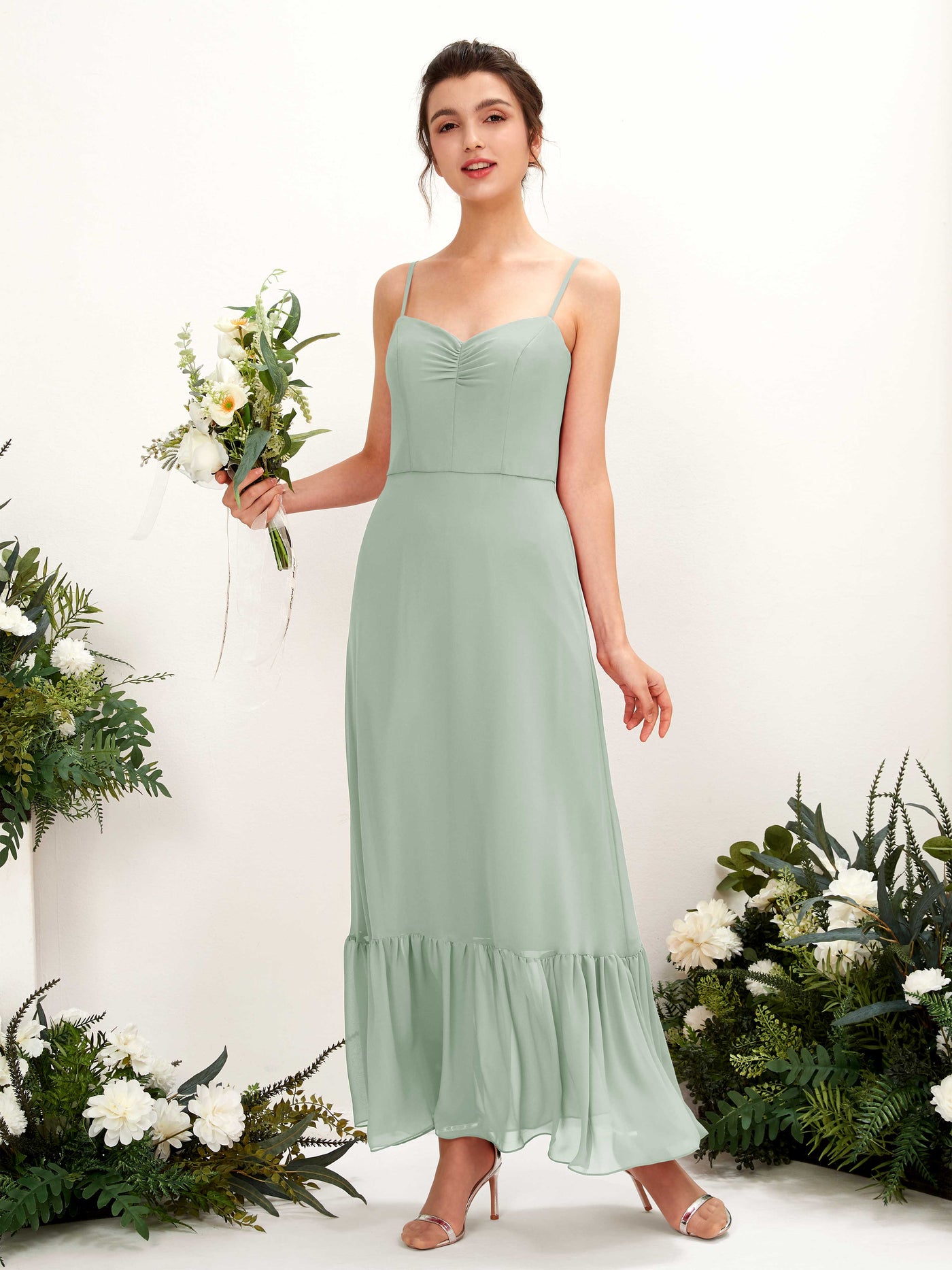 Carlyna Empire-Linie Spaghettiträger Bodenlanges Brautjungfernkleid Salbeigrün #farbe_salbeigr-n