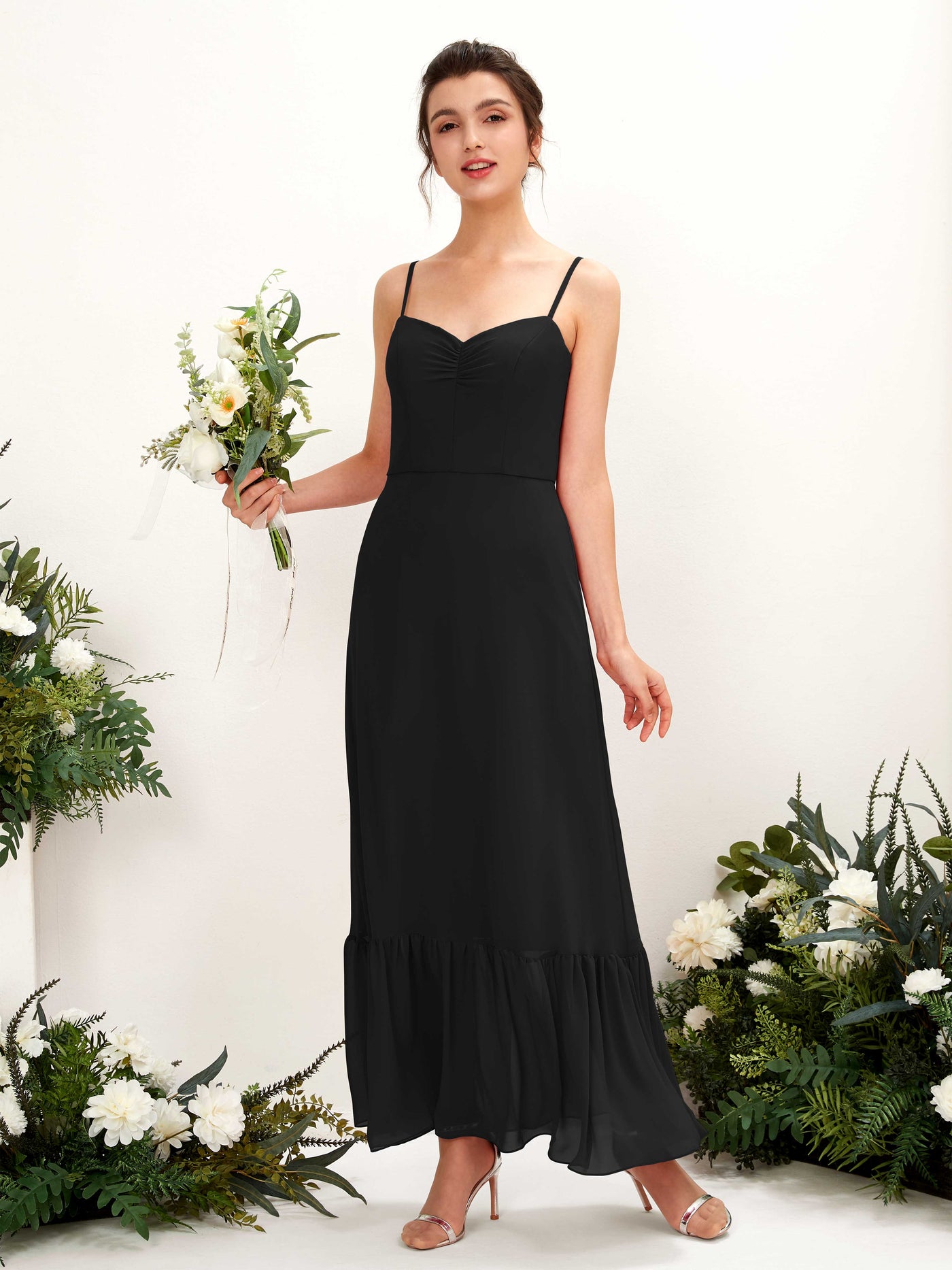 Carlyna Empire-Linie Spaghettiträger Bodenlanges Brautjungfernkleid Schwarz #farbe_schwarz