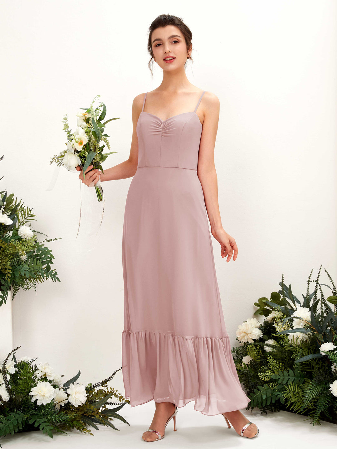 Carlyna Empire-Linie Spaghettiträger Bodenlanges Brautjungfernkleid Staubige Rose 