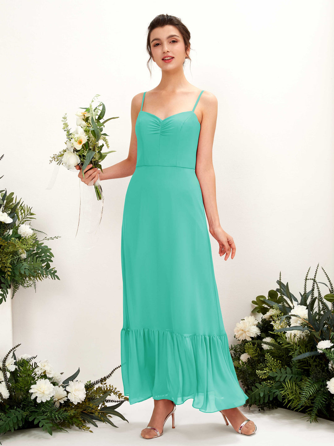 Carlyna Empire-Linie Spaghettiträger Bodenlanges Brautjungfernkleid Tiffany-Blau 