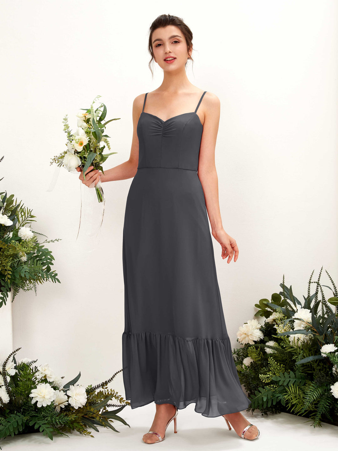 Carlyna Empire-Linie Spaghettiträger Bodenlanges Brautjungfernkleid Zinnfarben 
